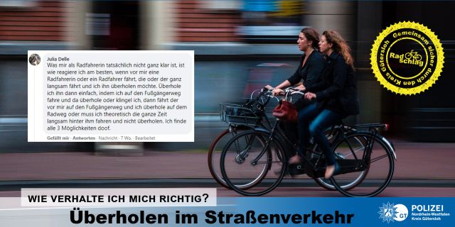Zwei Fahrradfahrerinnen fahren nebeneinander auf einem Radweg. Links auf dem Bild ist der Scrennshot eines Kommentars aus Facebook eingefügt. Julia Delle fragt, wie es sich verhält, wenn man als Radfahrer*in andere Radfahrer*innen überholen möchte.