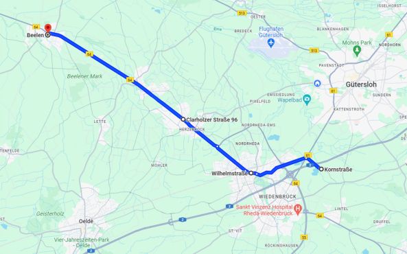 Streckenverlauf Wiedenbrück bis Beelen