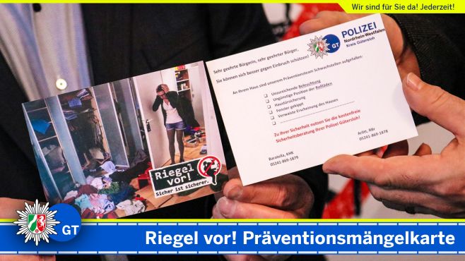 Präventionsmängelkarte. Text: Riegel vor! Präventionsmängelkarte